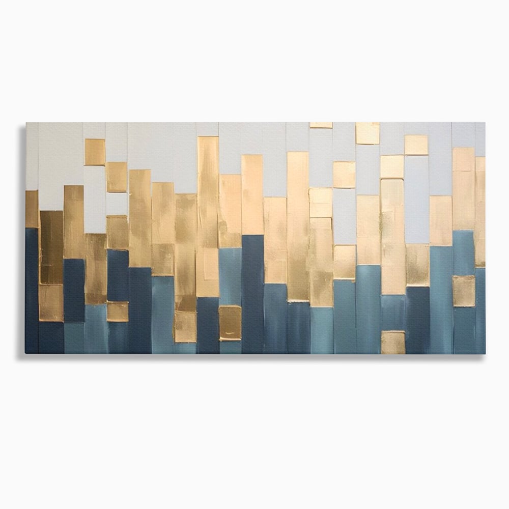 Tablou canvas cu tablou abstract cu benzi verticale aurii si albastre, fara rama, pe sasiu de lemn